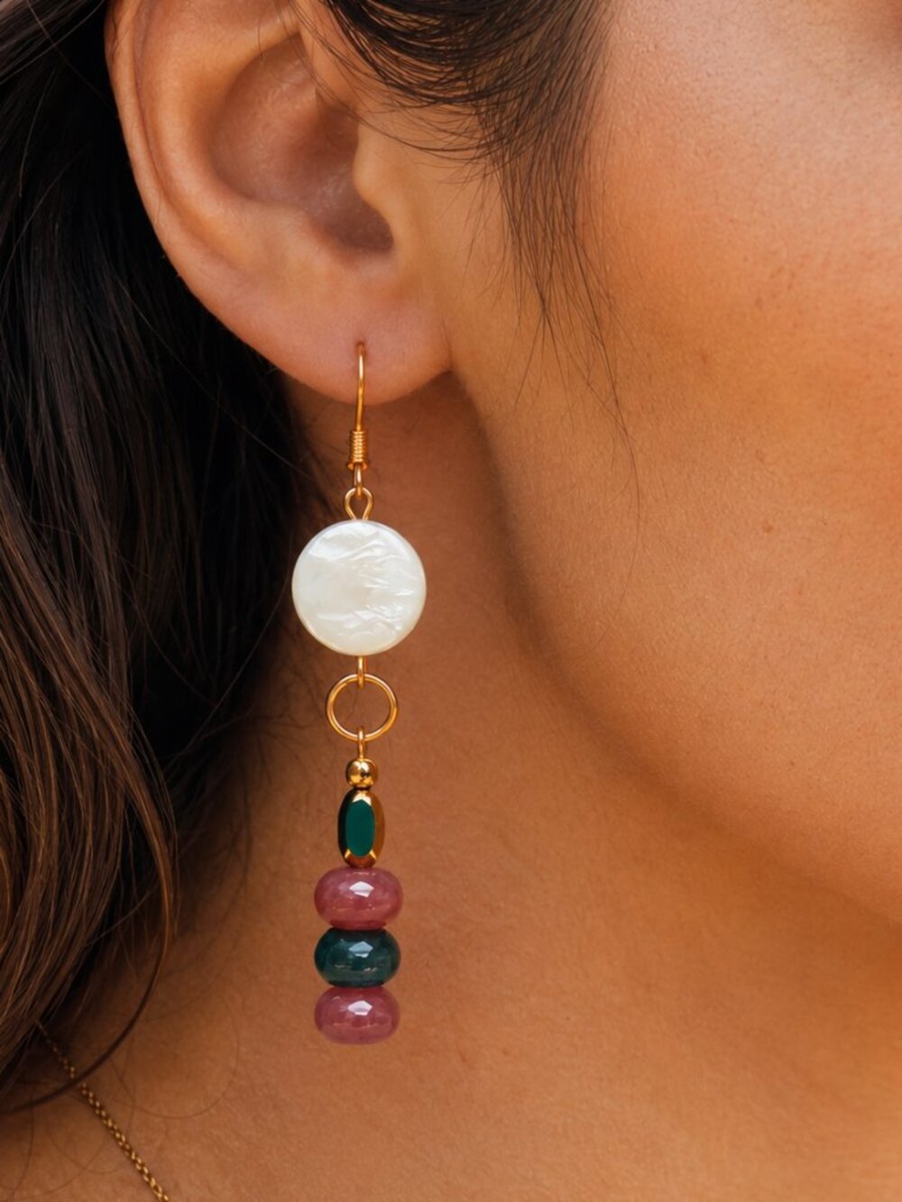 Ivory Mother of Pearl Tourmaline 18k Gold Dangle Earrings Coastal Style Boho